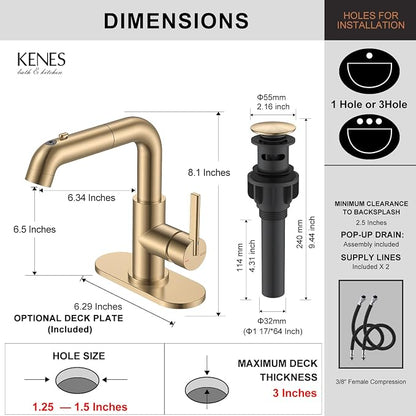 Champagne Bronze Pull Down Bathroom Faucet 1 Handle Vanity Faucet | Pull Out Bathroom Faucet with Pop Up Drain & 6 Inch Deck Plate, Lead-Free cUPC & NSF Certified, 1 Hole Faucet for Vanity RV