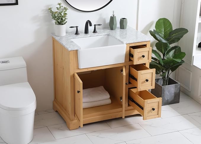 36" Pre-Assembled Bathroom Vanity with Sink, Solid Birch and MDF, Carrara White Marble Countertop Attached, Single Rectangle Porcelain Sink, 3 Soft-Close Drawers, Natural Wood