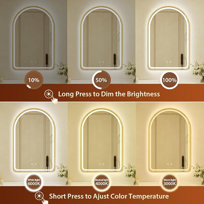 26x40 Inch Arched Gold Aluminum Frame LED Bathroom Mirror with Lights, Lighted Vanity Mirror for Wall,Tempered Glass,Anti-Fog, Stepless Dimmable, 3 Color Temperature Vanity Mirror