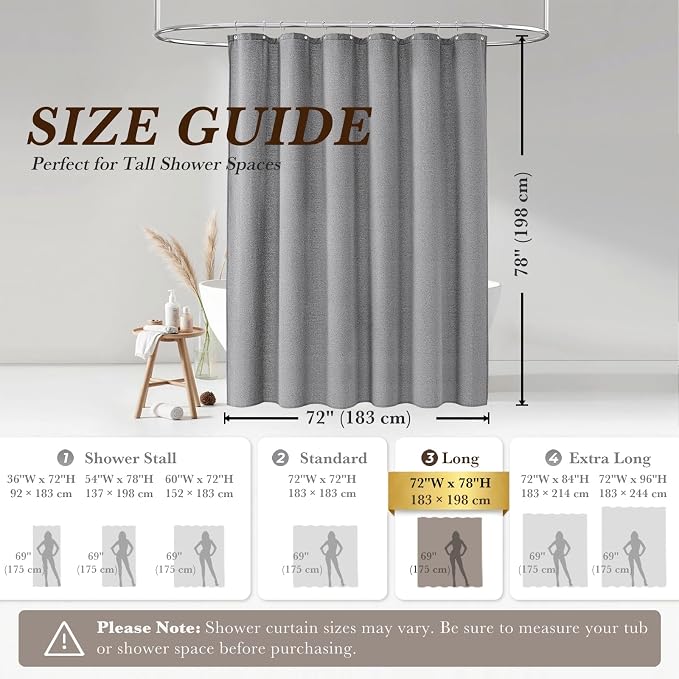 Seasonwood Grey Linen Shower Curtain Farmhouse Bathroom Decor 72x78 Inches | Boho Bathroom Decor,12 Sturdy Stainless Steel Sliding Hangers,Rustic Country Style,Linen Shower Curtains for Bathroom