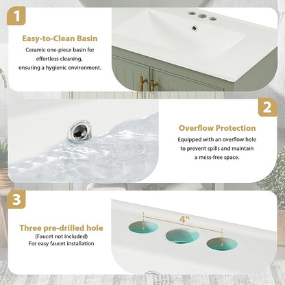 30" Bathroom Vanity with Ceramic Sink,Sink Cabinet w/Soft Closing 2 Doors and Bottom Shelf,Metal Handles,Freestanding Wooden Storage Cabinet,Solid Wood Frame,for Small Space,Green