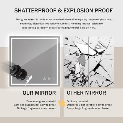 Koonmi 47x47 LED Bathroom Mirror with Light, Anti-Fog, 3 Colors | Backlit + Front Lit, Dimmable Brightness, Shatterproof HD Distortion-Free Tempered Glass, Hardware Included
