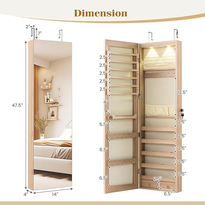 COSTWAY Wall Door Mounted Jewelry Armoire with 47.5" Full Length Mirror & 2 LED Lights, Large Storage Capacity, Lockable Mirror Jewelry Cabinet for Women Girls (Light Oak)