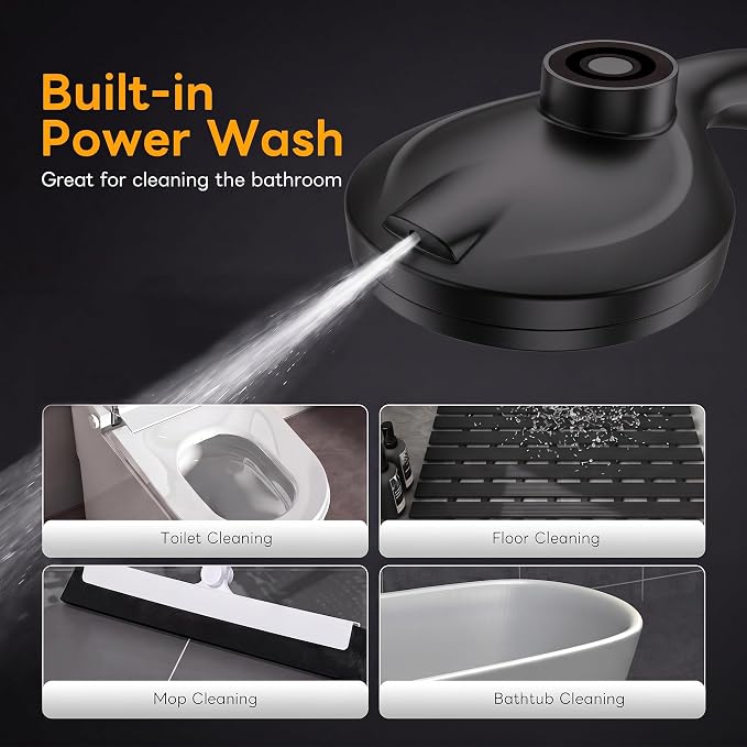 High Pressure Handheld Shower Head Matte Black- Anti-clog Nozzles, Built-in Power Wash to Clean Tub, Wall & Overhead Brackets,Magnetitc Rainfall Showerhead hand held