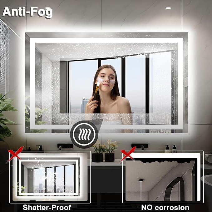 EchosLife 50"x36" Lighted Mirrors for Bathroom Wall | Backlit + Front Lit, Anti-Fog, Stepless Dimmable, 3 Colors, Memory, Tempered Glass, UL Listed, Horizontal/Vertical