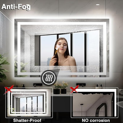 EchosLife 50"x36" Lighted Mirrors for Bathroom Wall | Backlit + Front Lit, Anti-Fog, Stepless Dimmable, 3 Colors, Memory, Tempered Glass, UL Listed, Horizontal/Vertical
