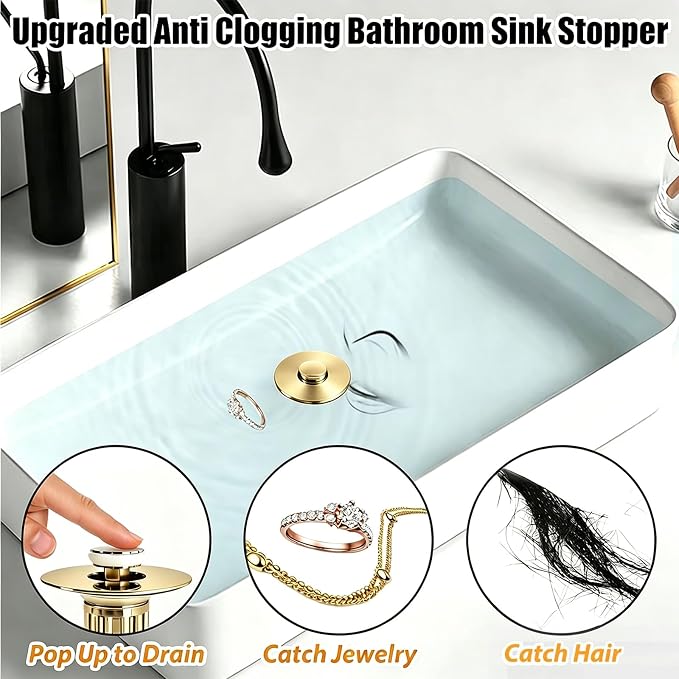 Anlige 3 in 1 Pop Up Bathroom Sink Stopper, Bathroom Sink Drain Strainer with Removable Basket Hair Catcher, Universal Sink Plug Cover for 1.06 in to 1.6 in Drain, Brushed Gold
