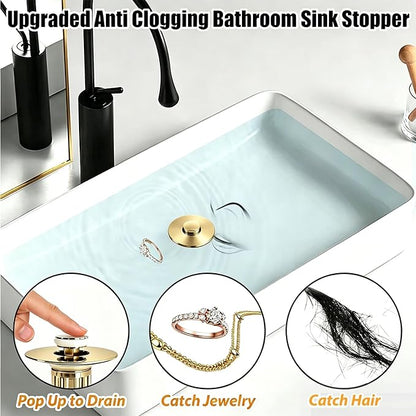 Anlige 3 in 1 Pop Up Bathroom Sink Stopper, Bathroom Sink Drain Strainer with Removable Basket Hair Catcher, Universal Sink Plug Cover for 1.06 in to 1.6 in Drain, Brushed Gold