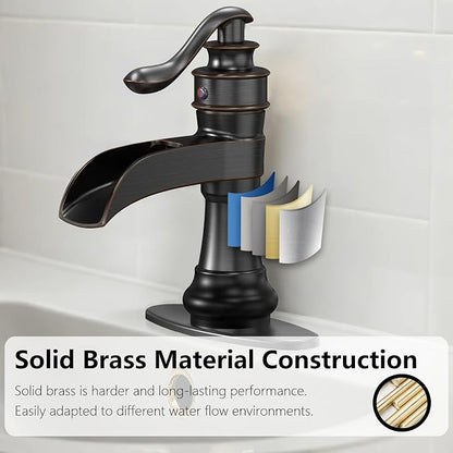 Bathroom Sink Faucet Waterfall Oil Rubbed Bronze Single Handle | Pop Up Drain with Overflow,Easy to Clean,Stable Installation,Gentle Water Flow Prevents Splashing,Elegant Minimalist Style
