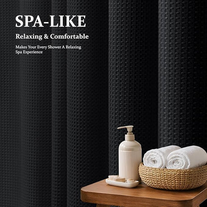 Extra Wide Waffle Shower Curtain 256 GSM Fabric 180x72 Black | 180 Inch Wide, Thick Cloth, Weighted Hem, Water Repellent, Hotel Luxury Polyester Shower Curtain Set for Bathroom 32 Hooks
