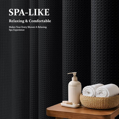 Stall Waffle Shower Curtain 256 GSM Heavy Fabric 48x72 Black | 48 Inch Wide, Thick Cloth, Weighted Hem, Water Repellent, Hotel Luxury Polyester Shower Curtain Set for Bathroom 8 Hooks