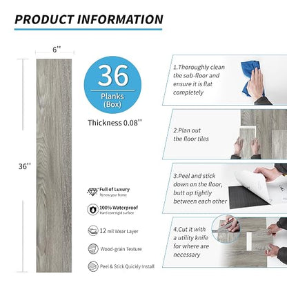 Art3d 36-Pack Wood Texture Peel and Stick Vinyl Flooring Tiles, Light Grey | 18 & 54 sq.ft Options, Rigid Surface Hard Core, Waterproof, Self-Adhesive, Impact Resistant, Fit Indoor Household Spaces
