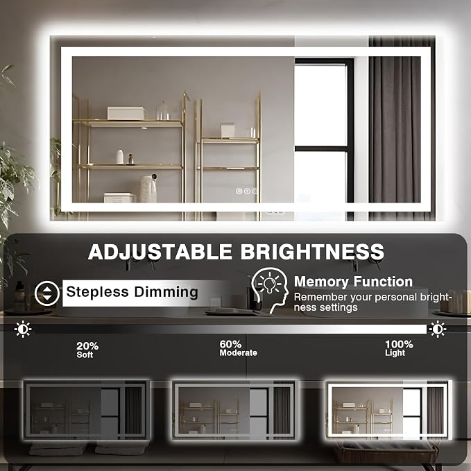 EchosLife 77"x36" Large LED Bathroom Mirror | Backlit + Front Lit, Anti-Fog, Stepless Dimmable, 3 Colors, Memory, Tempered Glass, UL Listed, Horizontal/Vertical