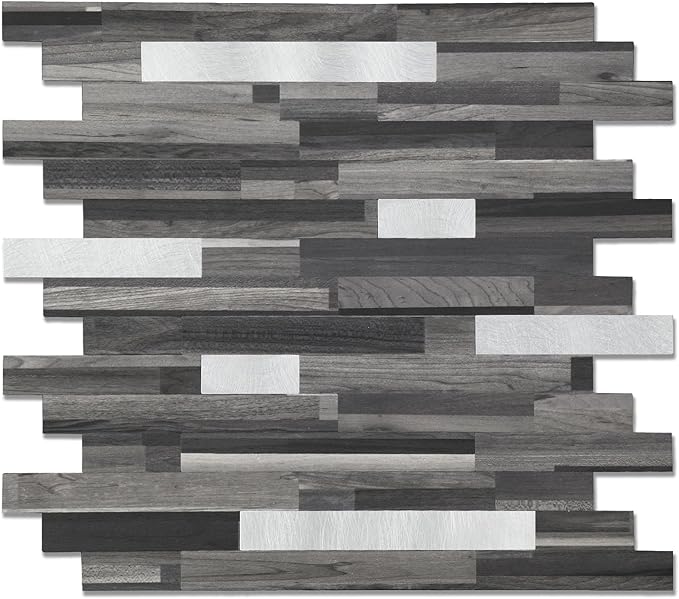 Yipscazo 20 Sheets Peel and Stick Stone Metal Tile Backsplash, Stick on Tiles for Backsplash Kitchen, Bathroom, Laundry Room, Camper, Fireplace (12'' X 12'', Black Wood Grain)