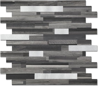 Yipscazo 5 Sheets Peel and Stick Stone Metal Tile Backsplash, Stick on Tiles for Backsplash Kitchen, Bathroom, Laundry Room, Camper, Fireplace (12'' X 12'', Black Wood Grain)