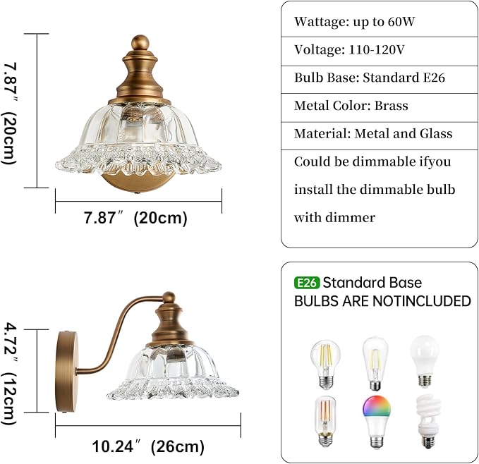 XIEDUN Vintage Wall Sconces Brass Wall Lights for Living Room Bathroom Sconces 2Pack