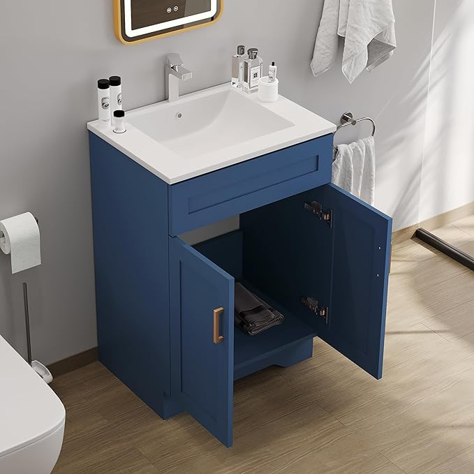 Bathroom 24" Vanity with Ceramic Sink, Wooden Double Door Bathroom Storage Cabinet, Freestanding Cabinet Vanity with Sink (Paint, Blue,24")