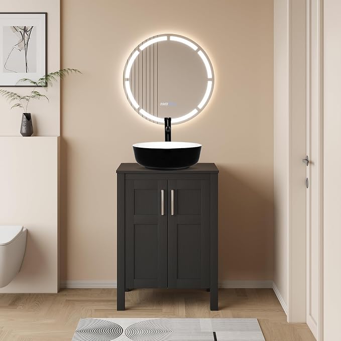 YOURLITE Bathroom Vanity with Sink, 24" Black Bathroom Vanity Sink Combo with Black White Ceramic Basin Faucet & Pop Up Drain Set