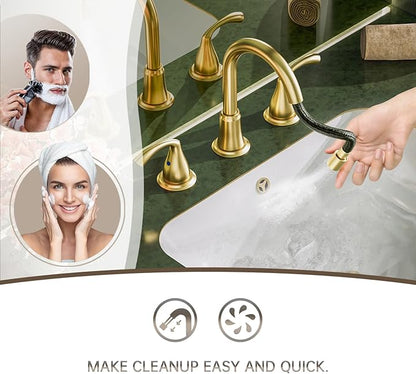 Phiestina Brushed Gold Farmhouse Rotatable Bathroom Faucet - 8 Inch Widespread 3-Hole with Pull-Out Sprayer, Lead-Free Stainless Steel, Metal Pop-Up Drain, Water Supply Lines, 2 Handles,WFJC180CL-BG