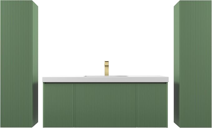 Blossom 48 Inch Bathroom Vanity with Sink and 2 Side Cabinets, All Wood Wall Mounted Floating Bathroom Vanity Cabinet with Acrylic Sink, Soft-Close Drawers, Bathroom Vanities, Aventurine Green