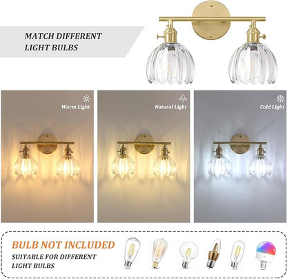 Bathroom Light Fixtures, 2-Light Brass Vanity wall Light Over Mirror with Clear Tulip Glass Shade for Bedroom Living Room (Bulb Not Included)