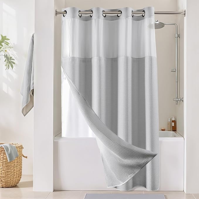 River Dream Cotton Blend Fabric Shower Curtain Set with Liner, Gray, 54x80 | Waffle Weave, No Hook Needed, with Snap in Replacement Liner, Top Sheer Window, Hotel Quality Fabric for Bathroom