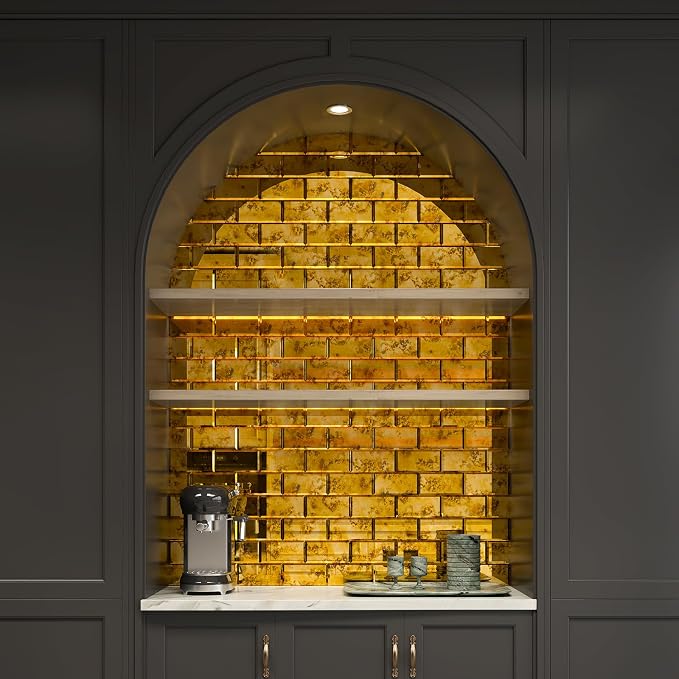 Peel and Stick Beveled Gold Antique Mirror Tile 3x6 Inch 40 Packs | Subway Mirror Glass Backsplash for Kitchen Bathroom Wall