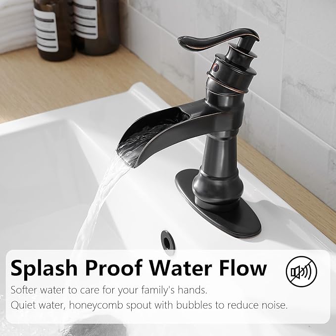 Bathroom Sink Faucet Waterfall Oil Rubbed Bronze Single Handle | Pop Up Drain with Overflow,Easy to Clean,Stable Installation,Gentle Water Flow Prevents Splashing,Elegant Minimalist Style