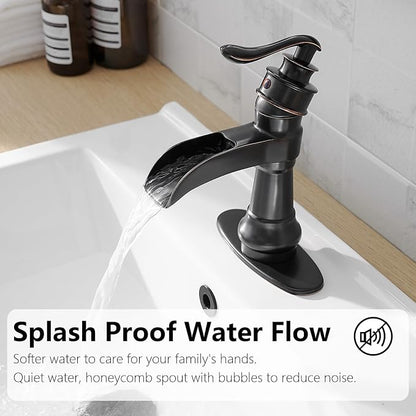 Bathroom Sink Faucet Waterfall Oil Rubbed Bronze Single Handle | Pop Up Drain with Overflow,Easy to Clean,Stable Installation,Gentle Water Flow Prevents Splashing,Elegant Minimalist Style