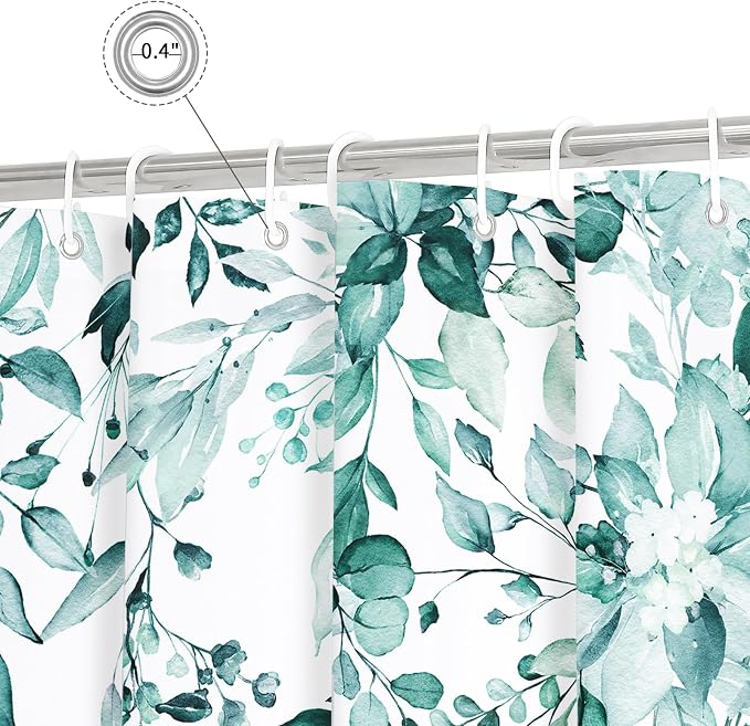 Teal Eucalyptus Shower Curtain, Watercolor Floral Print, 60x72 | Watercolor Plant Leaves Floral Print, Stall Waterproof Fabric Bathroom Decor, Machine Washable, Rustproof Grommets