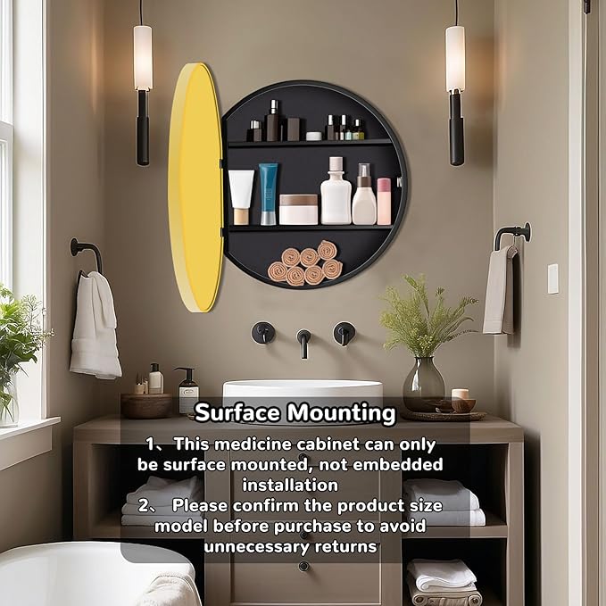 20 Inch Round Medicine Cabinet with Mirror, Gold Bathroom Medicine Cabinet for Wall Metal Framed, Surface Mount Only Circular Storage Cabinet with Vanity Mirror