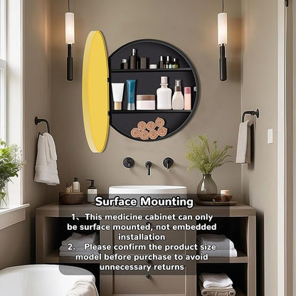 20 Inch Round Medicine Cabinet with Mirror, Gold Bathroom Medicine Cabinet for Wall Metal Framed, Surface Mount Only Circular Storage Cabinet with Vanity Mirror