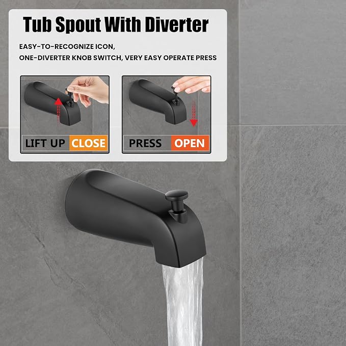 Heyalan 6 Inch Shower Faucet Set with Tub Spout and Valve,Matte Black | 6-inch square rainfall head, tub spout with diverter, male-thread rough-in valve, single-handle control and wall-mount design