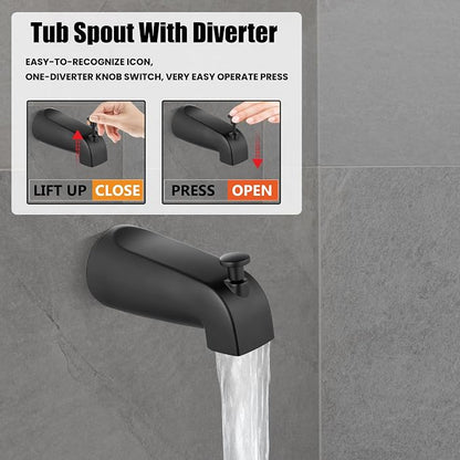 Heyalan 6 Inch Shower Faucet Set with Tub Spout and Valve,Matte Black | 6-inch square rainfall head, tub spout with diverter, male-thread rough-in valve, single-handle control and wall-mount design