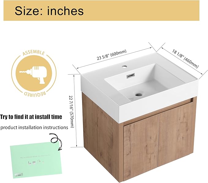 Malwee 24 Inch Floating Bathroom Vanity with Sink, 24'' Single Sink Wall Mounted Bathroom Vanity, with 2 Doors and White Resin Basin Top, Wall Hung Storage Cabinet Set (035-24)