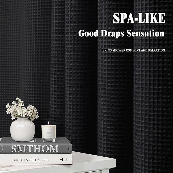 Waffle Weave Shower Curtain - Black Cotton Fabric Texture Heavyweight Shower Curtains for Bathroom,Washable,72Wx75L