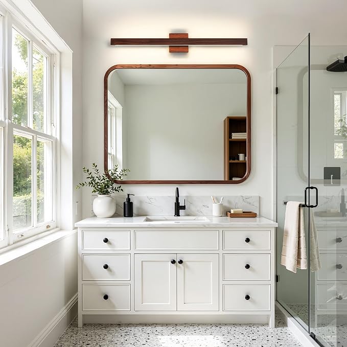 Bathroom Vanity Light 32 Inch, 26W Dimmable 5CCT LED Bathroom Light Fixture Over Mirror Brown Wood Finish Vanity Lighting Fixture Bar with Up & Down Lighting for Restroom Bedroom