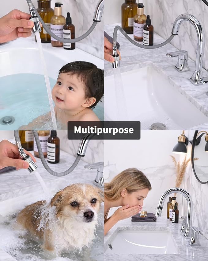Bathroom Faucet 3 Hole with Pull Out Sprayer, 8 Inch Widespread Bathroom Faucet, Magnetic Pull Out Faucet for Easy to Use, Chrome (with Pop-up Drain)