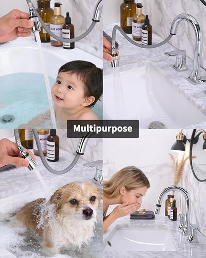 Bathroom Faucet 3 Hole with Pull Out Sprayer, 8 Inch Widespread Bathroom Faucet, Magnetic Pull Out Faucet for Easy to Use, Chrome (with Pop-up Drain)