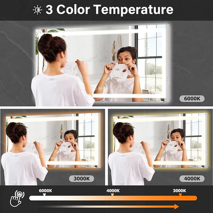 XRAMFY 40"X60"LED Bathroom Mirror, Backlit + Front Lit Wall Mirror | LED Bathroom Mirror with Lights for Wall, 3 Colors, Anti-Fog, Dimmable Brightness, Tempered Glass