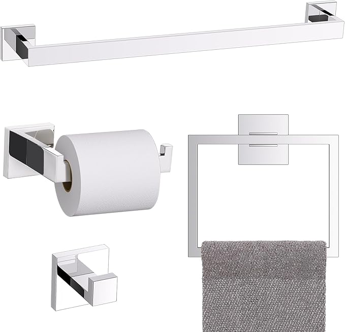 TURS 4-Piece Bathroom Hardware Set Chrome Towel Bar Set 23.6inch Bath Towel Holder Sets SUS 304 Stainless Steel Wall Mounted Towel Rack Sets for Bathroom.