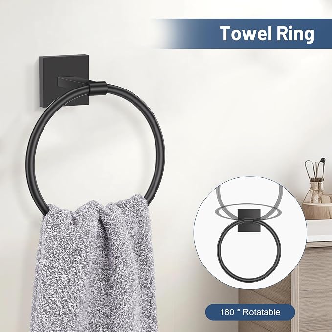 TURS Matte Black 5 Piece Bathroom Hardware Accessories Set, SUS304 Stainless Steel Bath Towel Bar Set, 24 Inch Round Bathroom Accessories Kit Wall Mounted