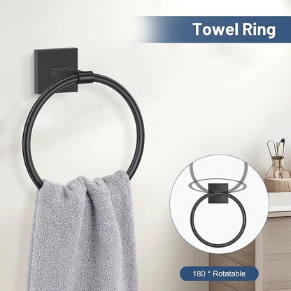 TURS Matte Black 5 Piece Bathroom Hardware Accessories Set, SUS304 Stainless Steel Bath Towel Bar Set, 24 Inch Round Bathroom Accessories Kit Wall Mounted