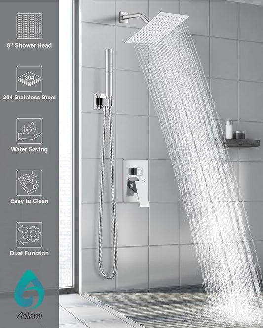 Aolemi Shower System with Rain Head and Handheld,8-Inch,Polish Chrome | High-Pressure Shower Faucet Set with Dual-Function Handheld,Rough-In Valve,1.8 GPM,Wall-Mount Trim Kit