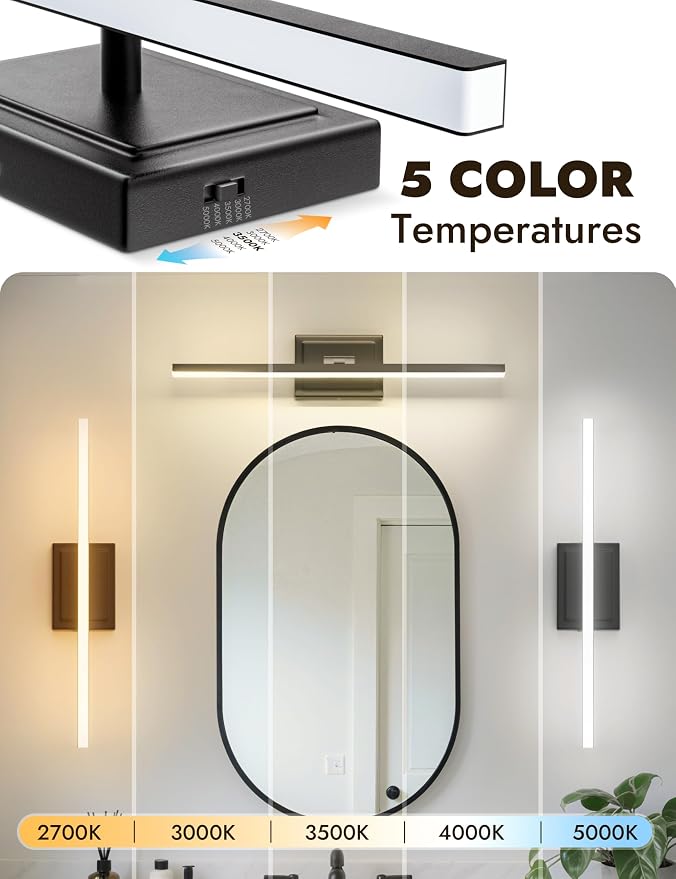24 Inch Modern Bathroom Light Fixture, 14W 5CCT Dimmable LED Black Bathroom Vanity Lights Over Mirror, Vanity Lights for Bathrooms Restroom Mirror- ETL Certified