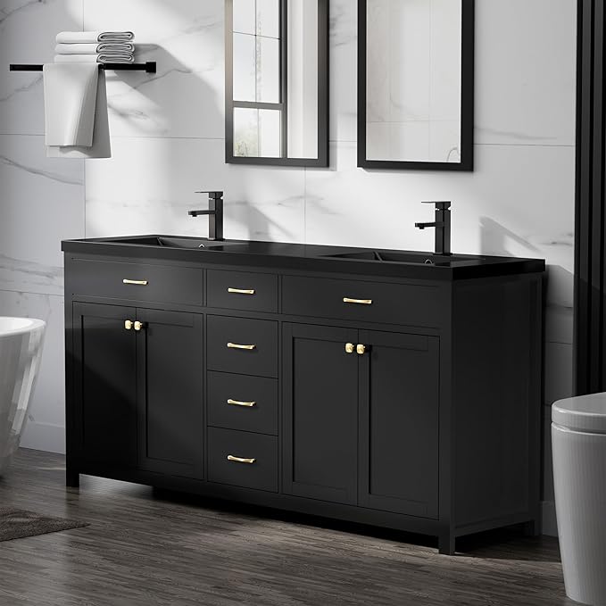 LUCKWIND 72" Bathroom Vanity and Sink Combo, Painted Modern Bathroom Storage Cabinet with Double Large Black Sink, Four Doors and Three Drawers, Include Faucet, Without Mirror, Black