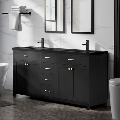 LUCKWIND 72" Bathroom Vanity and Sink Combo, Painted Modern Bathroom Storage Cabinet with Double Large Black Sink, Four Doors and Three Drawers, Include Faucet, Without Mirror, Black