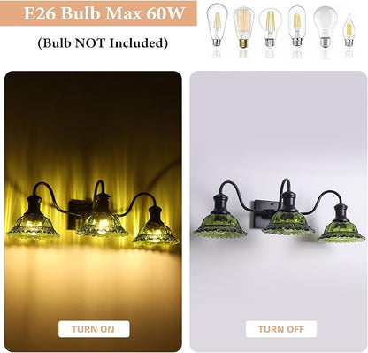 Vintage Vanity Lights 3-Light, Black Bathroom Lights with Green Shade, Glass Bathroom Light Fixtures Over Mirror, Farmhouse Wall Sconce for Bathroom, Vanity Table, Entryway, Hallway