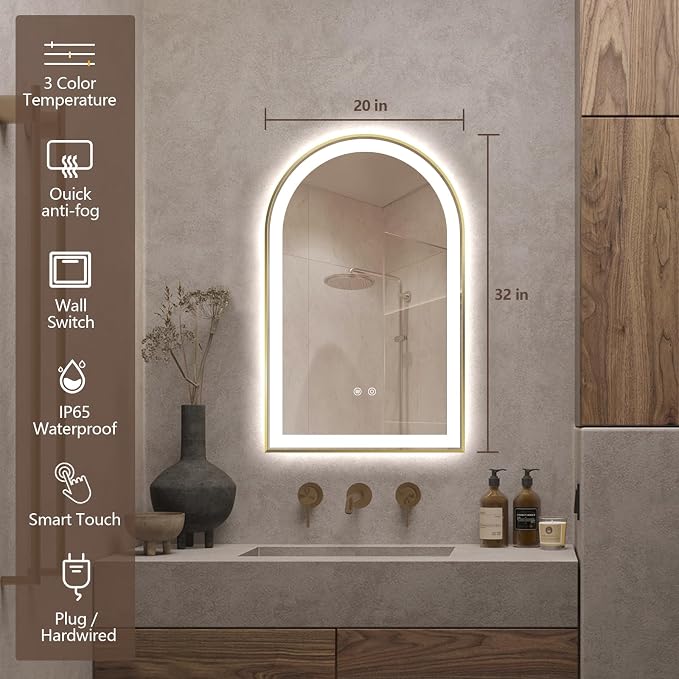 Arched LED Bathroom Mirror, 32"x20" Arch Backlit Vanity Mirror with Lights, Frontlit, Dimmable, 3 Colors, Memory Function, Anti-Fog Smart Mirror, Shiny Gold Frame, Shatterproof, UL Listed