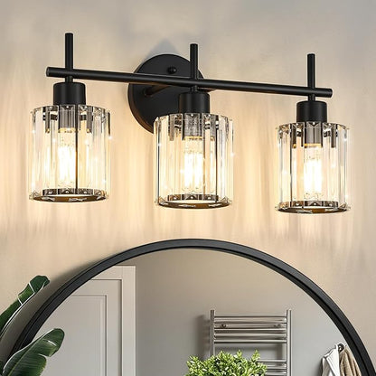 Black 3-Light Crystal Bathroom Vanity Light Fixtures, Round | Vanity Lights for Bathroom, Modern Bathroom Lighting Fixtures over Mirror (Bulbs Not Included, E26)